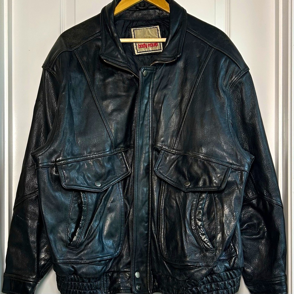 Body Equip Vintage 90s Genuine Leather Black Full Zip Snap Pockets Bomber Jacket